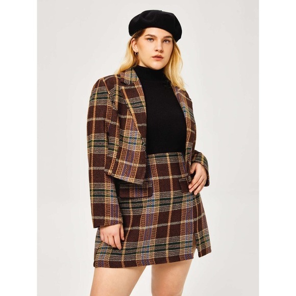 Cider Tweed Tartan Split Mini Skirt CROP Blazer Jacket Set 3XL Clueless Preppy - Picture 2 of 11